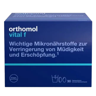 Orthomol Vital f für Frauen - bei Müdigkeit - mit B-Vitaminen, Omega-3 und Magnesium - 30 Stk. Granulat/Tabletten/Kapseln - Orangen-Geschmack